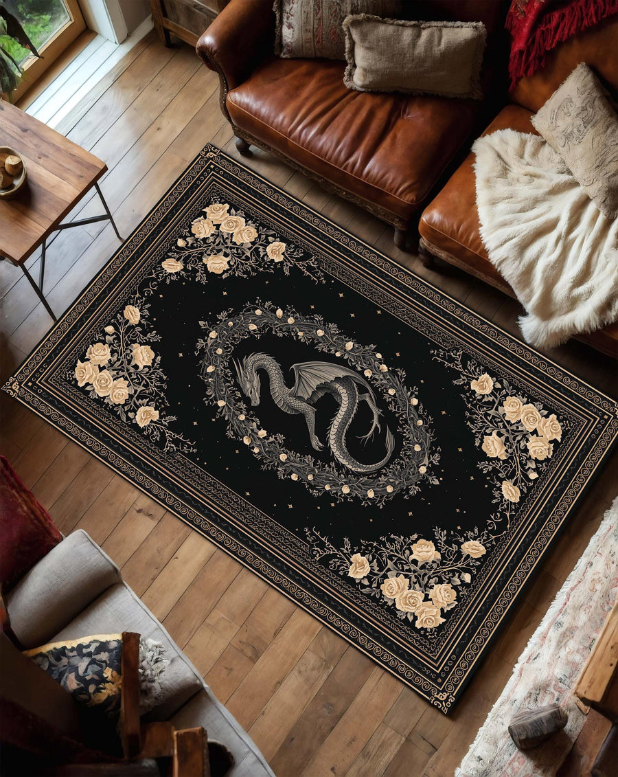 Black Dragon Rug with Vintage Floral Border, Gothic Fantasy Area Rug for Living Room Bedroom, Mystical Medieval Home Decor Gift