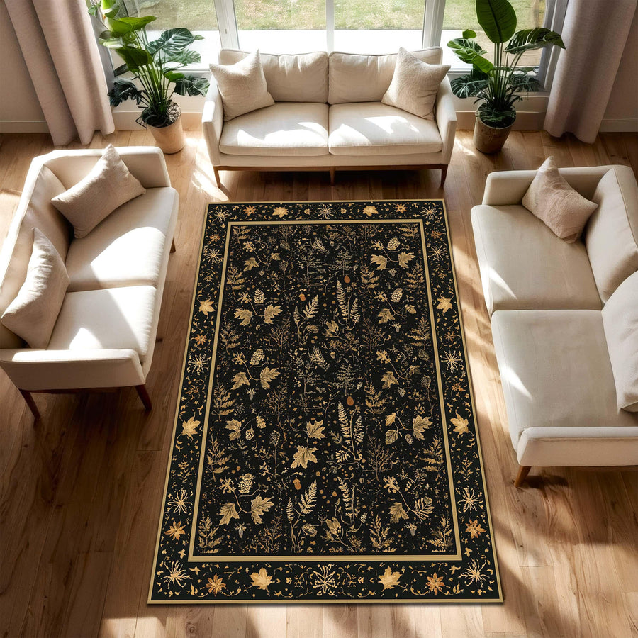 Black Gold Botanical Area Rug, Vintage Floral Living Room Carpet, Dark Cottagecore Rug for Bedroom, Boho Modern Floor Decor Accent