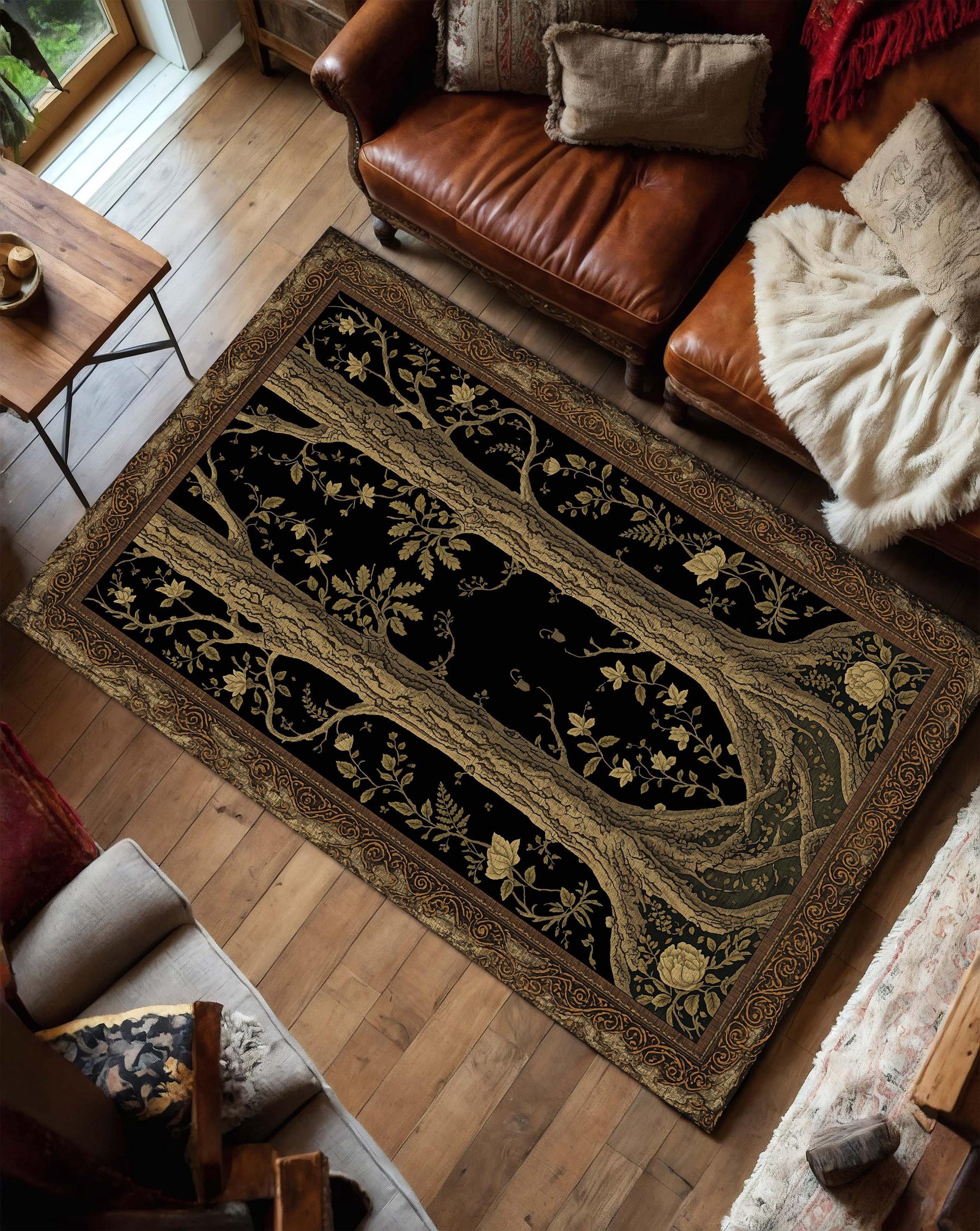 Black Tree of Life Area Rug, Art Nouveau Botanical Carpet, Vintage Gothic Tapestry Style Floor Decor, Boho Living Room Accent Mat Large