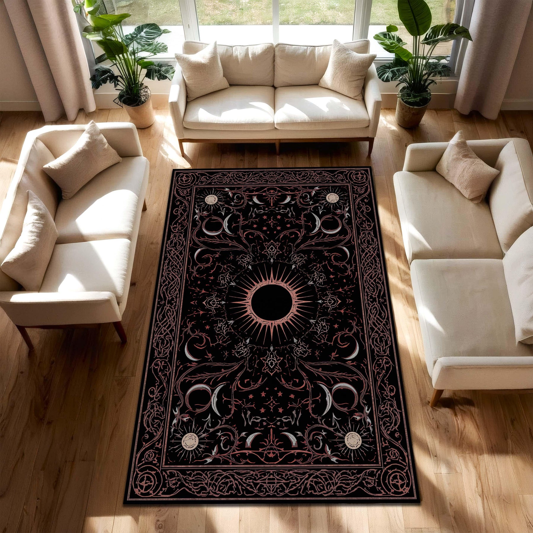 Celestial Black Area Rug with Sun Moon & Stars Design, Gothic Boho Occult Tarot Carpet, Vintage Astral Living Room Decor, Soft Floor Mat