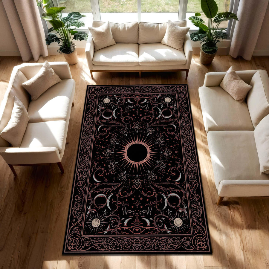Celestial Black Area Rug with Sun Moon & Stars Design, Gothic Boho Occult Tarot Carpet, Vintage Astral Living Room Decor, Soft Floor Mat