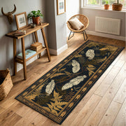 Woodland Owl Runner Rug in Dark Navy with Gold Ferns and Feathers, Boho Botanical Hallway Carpet for Entryway, Cottagecore Hallway Decor