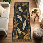 Woodland Owl Runner Rug in Dark Navy with Gold Ferns and Feathers, Boho Botanical Hallway Carpet for Entryway, Cottagecore Hallway Decor
