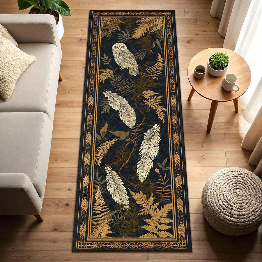Woodland Owl Runner Rug in Dark Navy with Gold Ferns and Feathers, Boho Botanical Hallway Carpet for Entryway, Cottagecore Hallway Decor