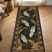 Woodland Owl Runner Rug in Dark Navy with Gold Ferns and Feathers, Boho Botanical Hallway Carpet for Entryway, Cottagecore Hallway Decor