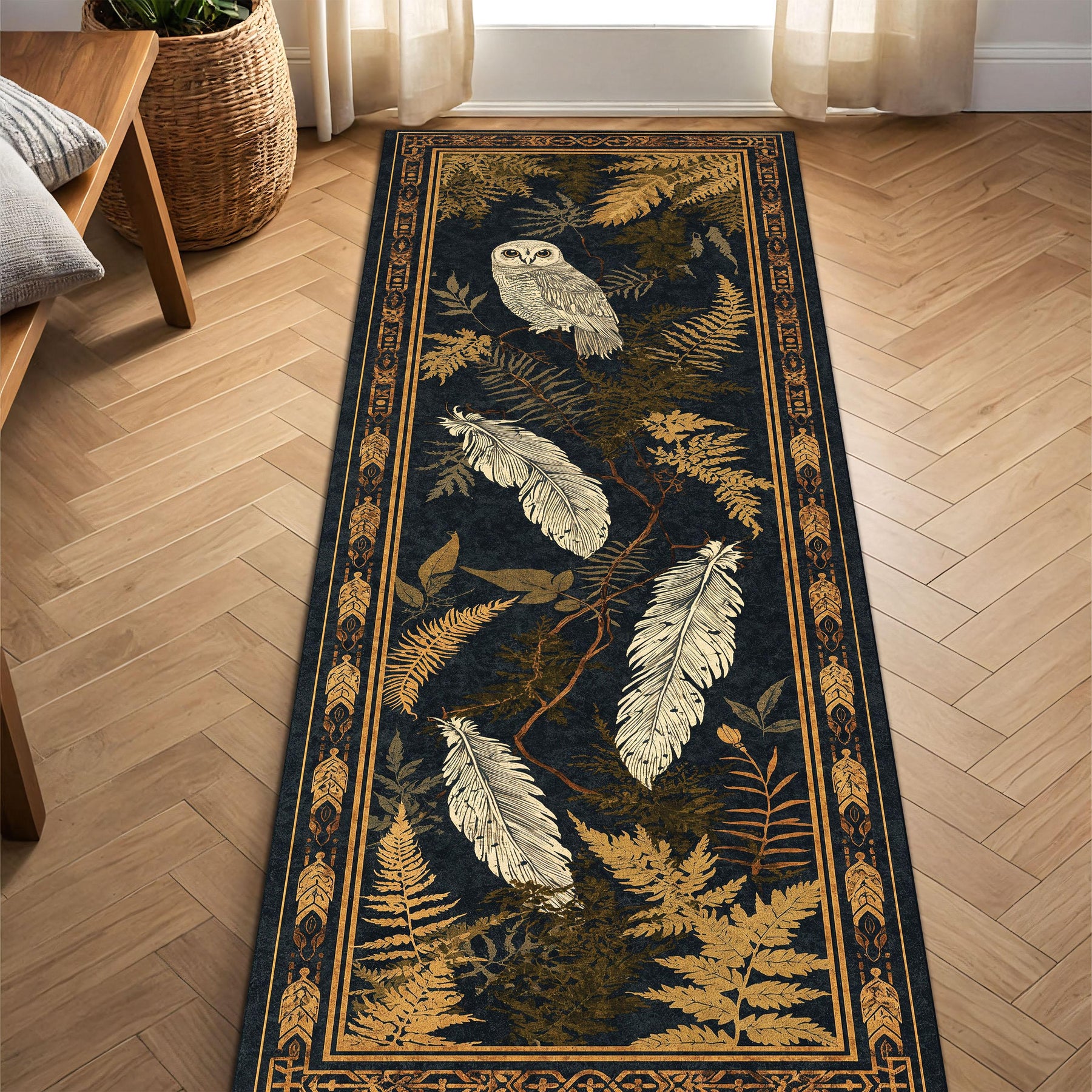 Woodland Owl Runner Rug in Dark Navy with Gold Ferns and Feathers, Boho Botanical Hallway Carpet for Entryway, Cottagecore Hallway Decor