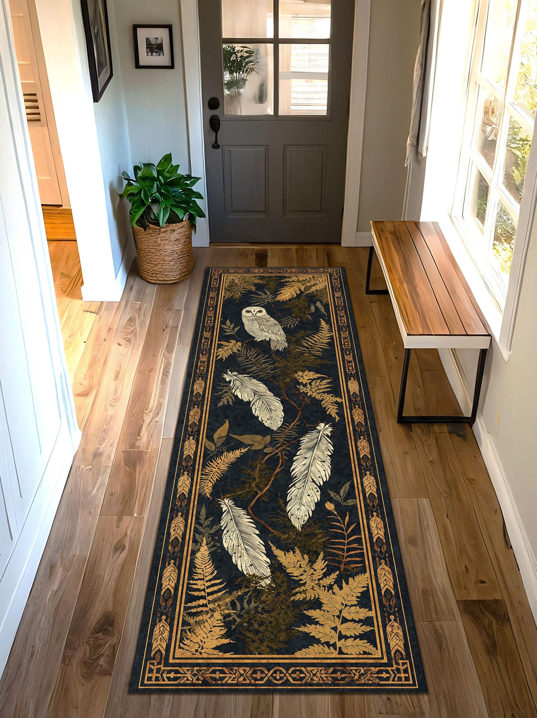 Woodland Owl Runner Rug in Dark Navy with Gold Ferns and Feathers, Boho Botanical Hallway Carpet for Entryway, Cottagecore Hallway Decor