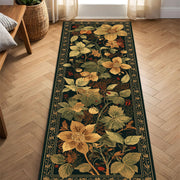 Vintage Botanical Floral Runner Rug In Dark Green With Golden Flowers, Washable Non Slip Hallway Carpet, Boho Cottagecore Kitchen Entry Rug