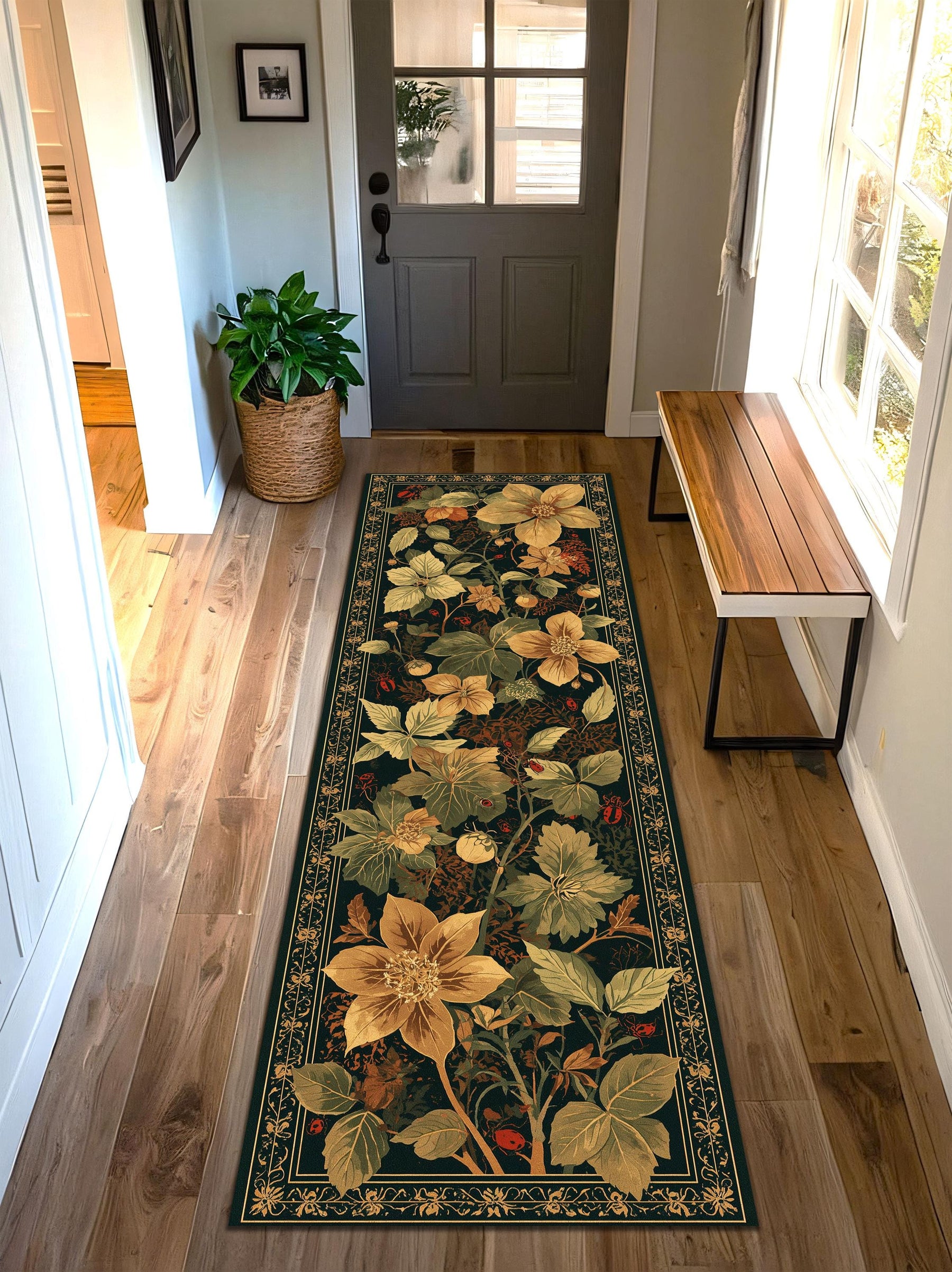 Vintage Botanical Floral Runner Rug In Dark Green With Golden Flowers, Washable Non Slip Hallway Carpet, Boho Cottagecore Kitchen Entry Rug