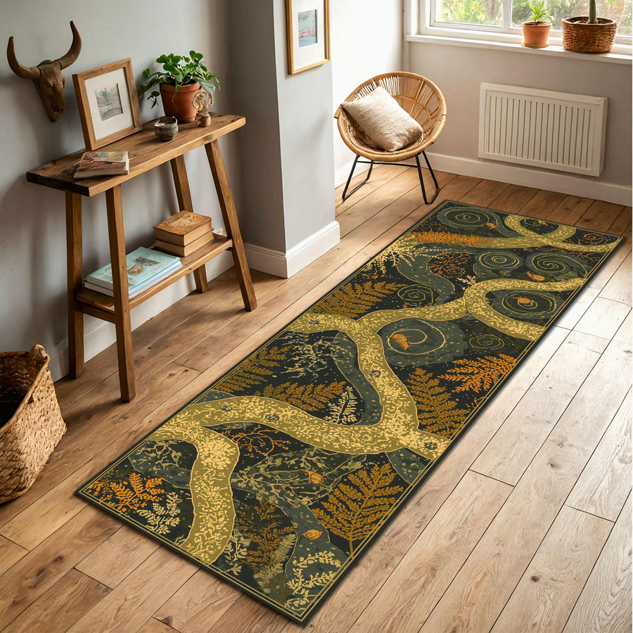 Botanical Runner Rug with Golden Tree Branches & Fern Motifs – Forest Art Hallway Runner, Noho Nature Decor, Cottagecore Entry Kitchen Rug