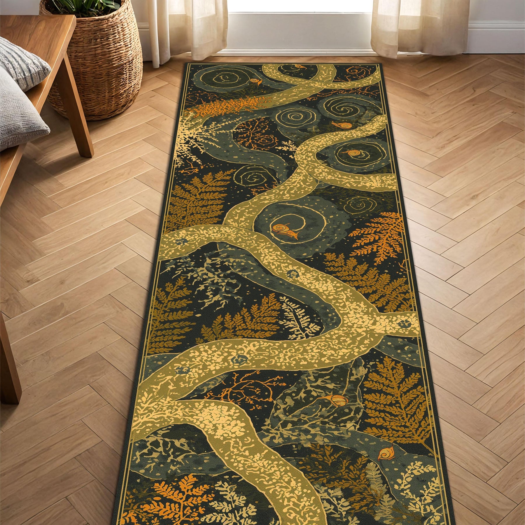 Botanical Runner Rug with Golden Tree Branches & Fern Motifs – Forest Art Hallway Runner, Noho Nature Decor, Cottagecore Entry Kitchen Rug