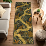 Botanical Runner Rug with Golden Tree Branches & Fern Motifs – Forest Art Hallway Runner, Noho Nature Decor, Cottagecore Entry Kitchen Rug