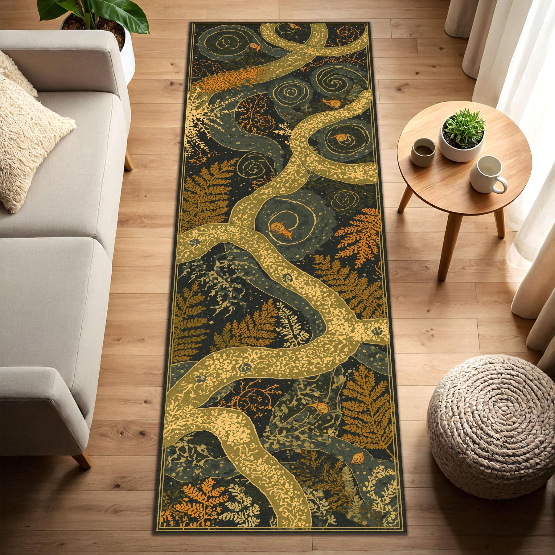 Botanical Runner Rug with Golden Tree Branches & Fern Motifs – Forest Art Hallway Runner, Noho Nature Decor, Cottagecore Entry Kitchen Rug