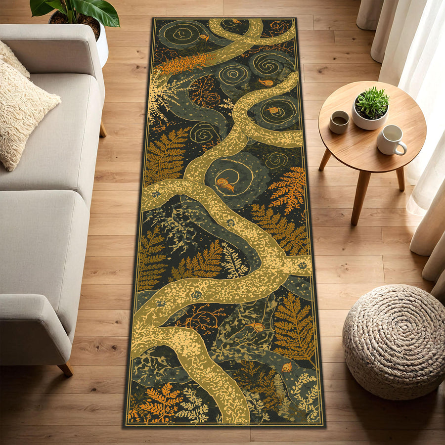 Botanical Runner Rug with Golden Tree Branches & Fern Motifs – Forest Art Hallway Runner, Noho Nature Decor, Cottagecore Entry Kitchen Rug