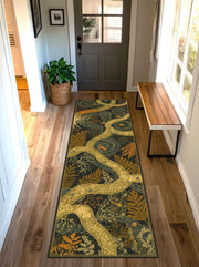 Botanical Runner Rug with Golden Tree Branches & Fern Motifs – Forest Art Hallway Runner, Noho Nature Decor, Cottagecore Entry Kitchen Rug