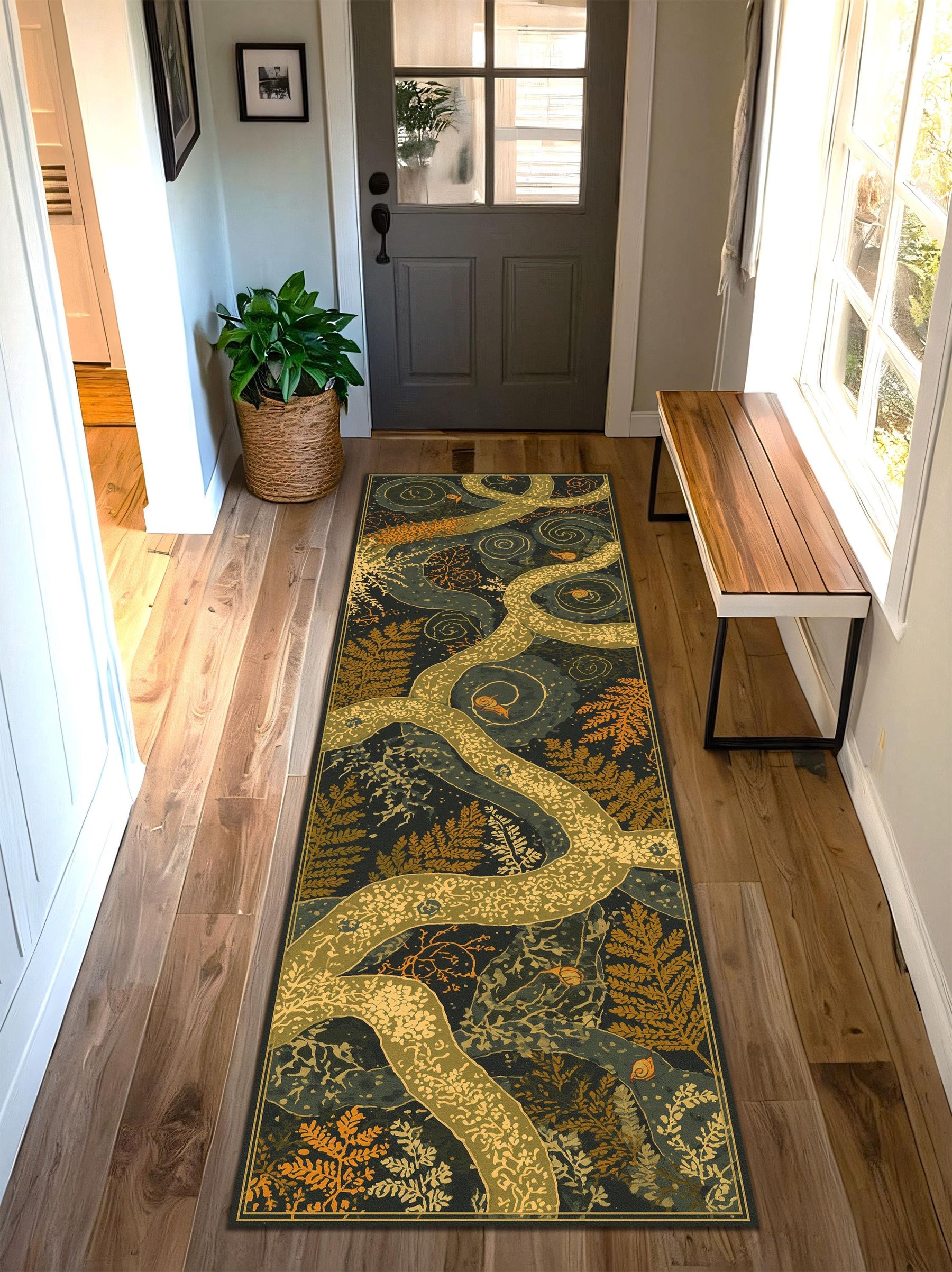 Botanical Runner Rug with Golden Tree Branches & Fern Motifs – Forest Art Hallway Runner, Noho Nature Decor, Cottagecore Entry Kitchen Rug