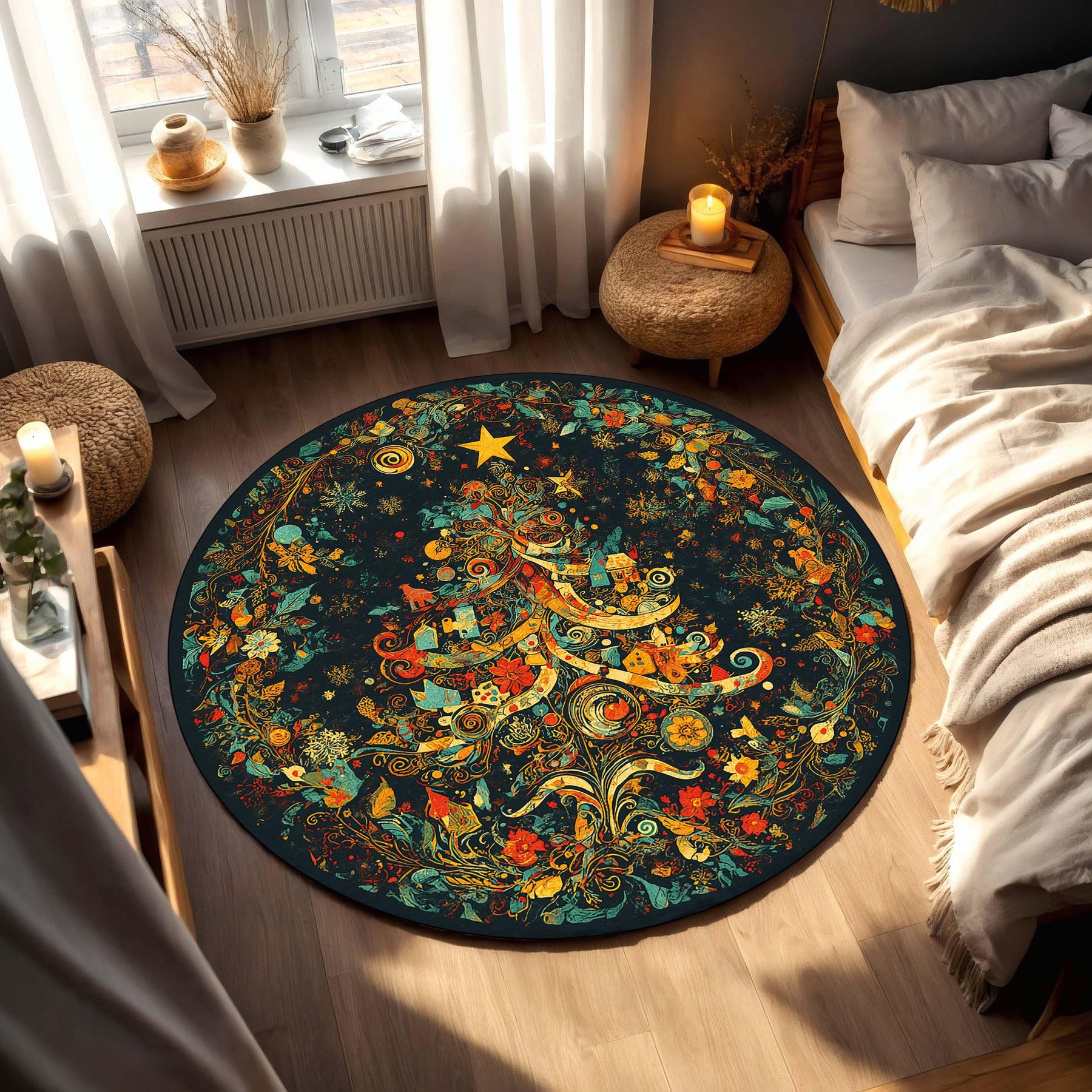 Round Christmas Tree Rug, Colorful Boho Holiday Area Carpet, Festive Living Room Decor, Circular Winter Floor Mat, Xmas Home Accent