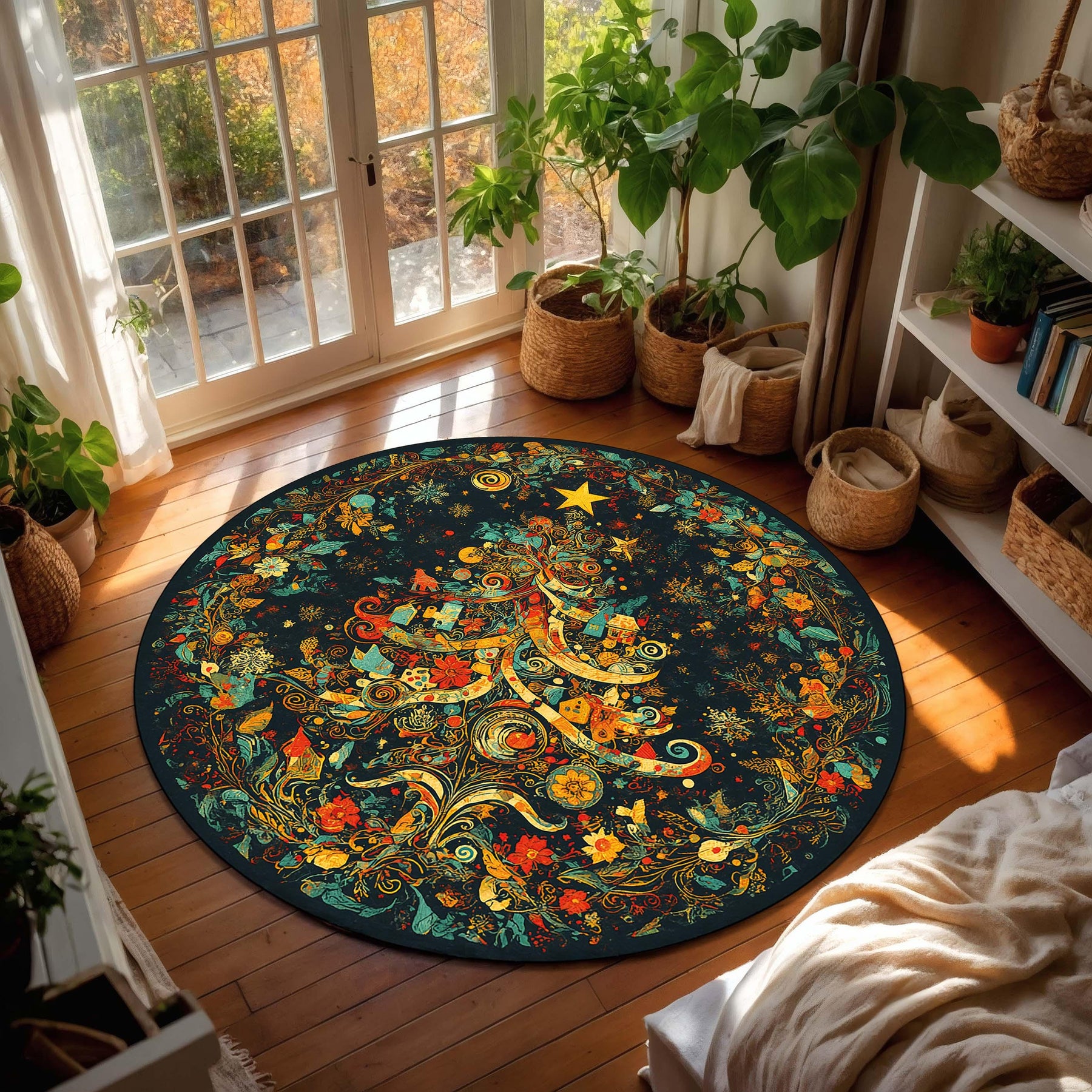 Round Christmas Tree Rug, Colorful Boho Holiday Area Carpet, Festive Living Room Decor, Circular Winter Floor Mat, Xmas Home Accent
