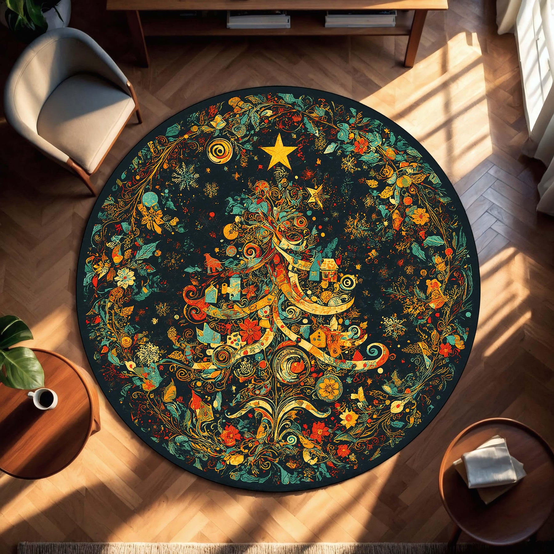 Round Christmas Tree Rug, Colorful Boho Holiday Area Carpet, Festive Living Room Decor, Circular Winter Floor Mat, Xmas Home Accent
