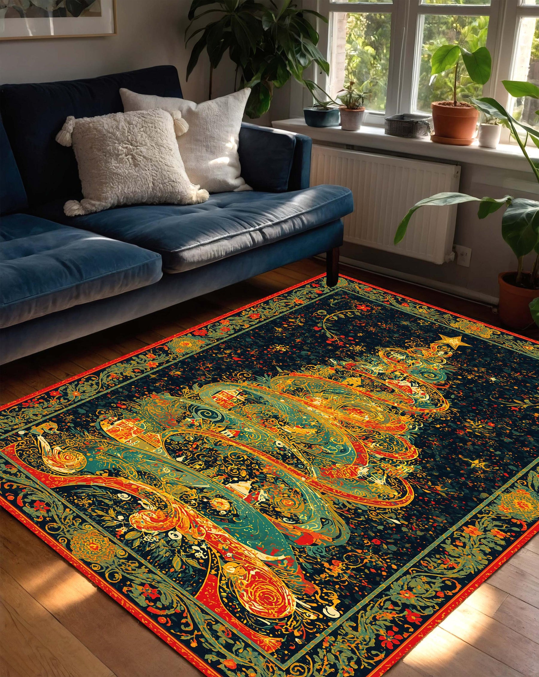 Christmas Tree Area Rug Holiday Living Room Carpet, Colorful Winter Xmas Decor, Festive Boho Style Floor Mat for Cozy Home Decoration
