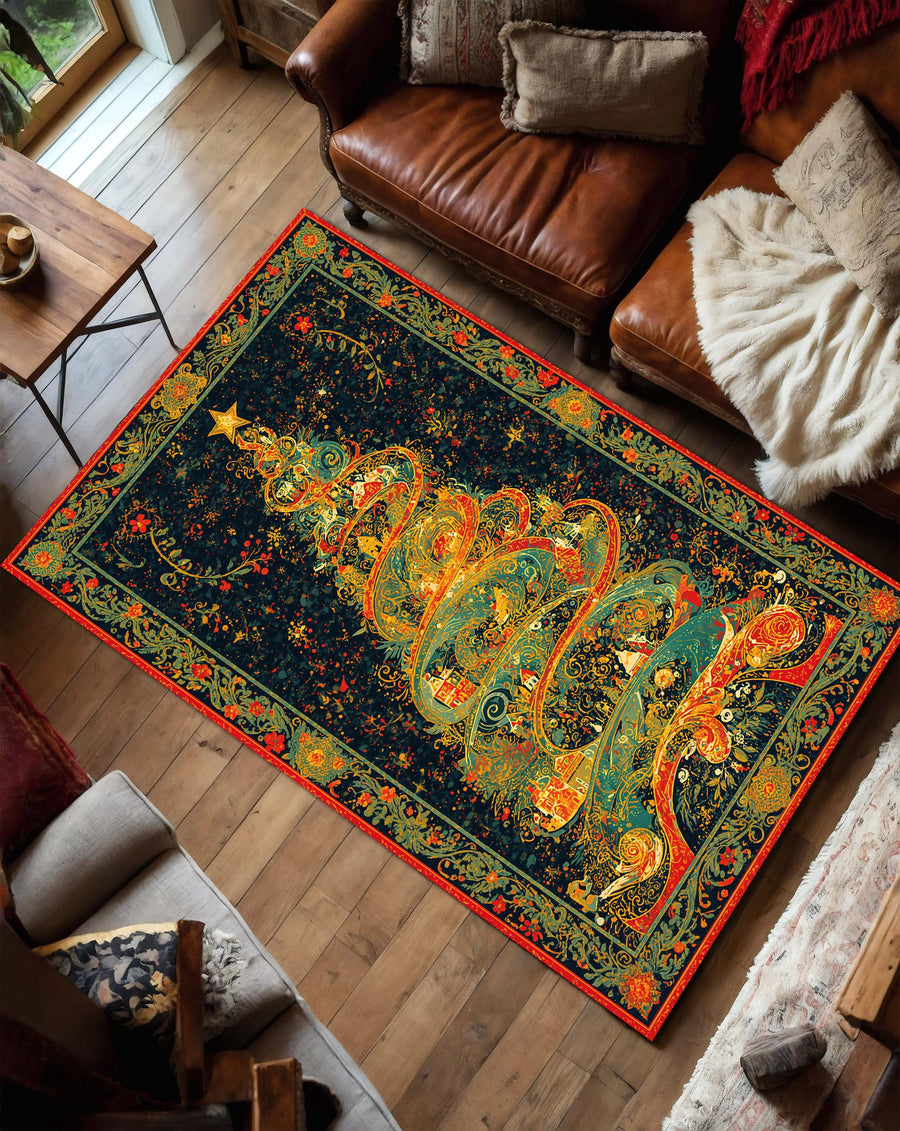 Christmas Tree Area Rug Holiday Living Room Carpet, Colorful Winter Xmas Decor, Festive Boho Style Floor Mat for Cozy Home Decoration