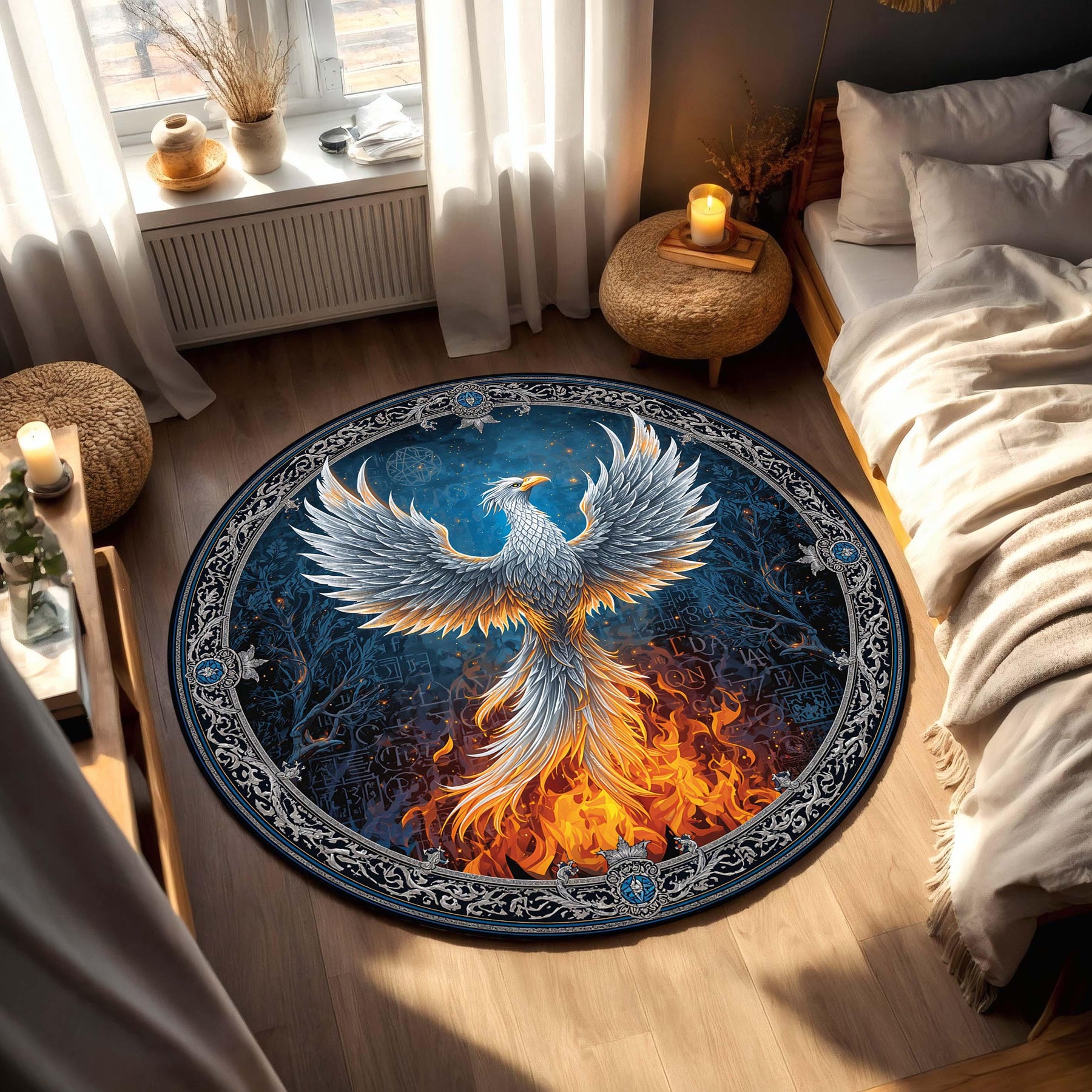 Round Phoenix Rug, Mystical Firebird Carpet, Fantasy Boho Circle Area Rug for Living Room, Bedroom Decor, Celestial Bird Art Floor Mat