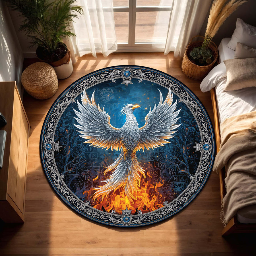 Round Phoenix Rug, Mystical Firebird Carpet, Fantasy Boho Circle Area Rug for Living Room, Bedroom Decor, Celestial Bird Art Floor Mat