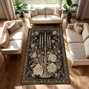 Gothic Floral Area Rug Black Gold Candelabra Vintage Rose Carpet, Dark Elegant Living Room Decor, Baroque Antique Style Floor Mat Rug