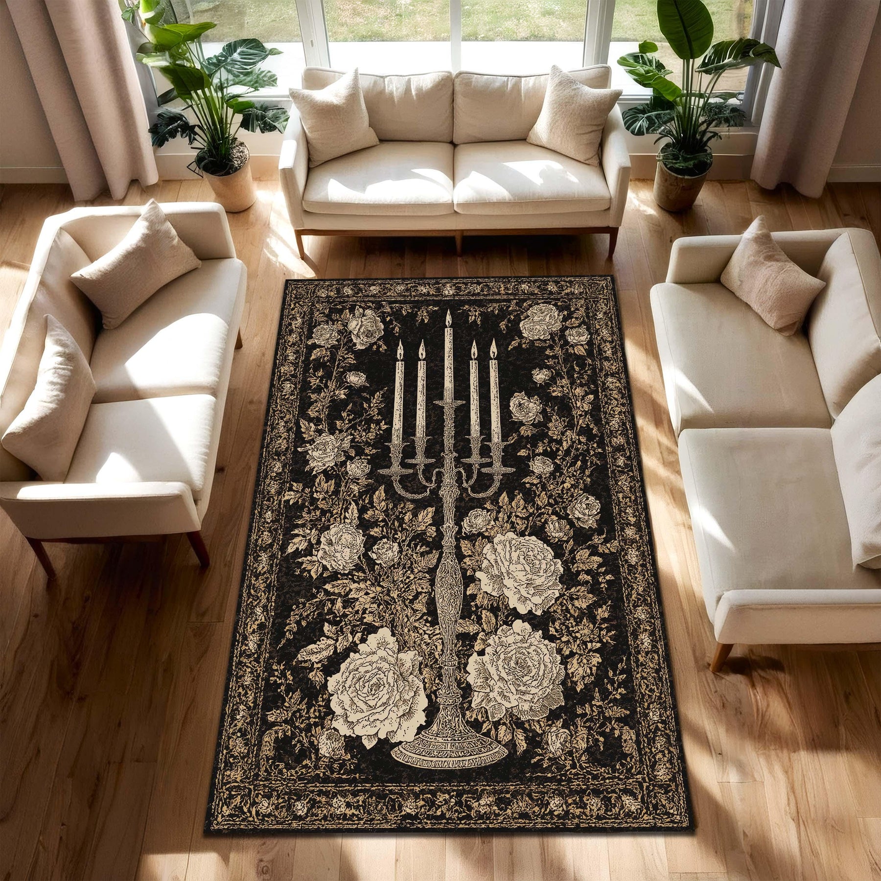 Gothic Floral Area Rug Black Gold Candelabra Vintage Rose Carpet, Dark Elegant Living Room Decor, Baroque Antique Style Floor Mat Rug