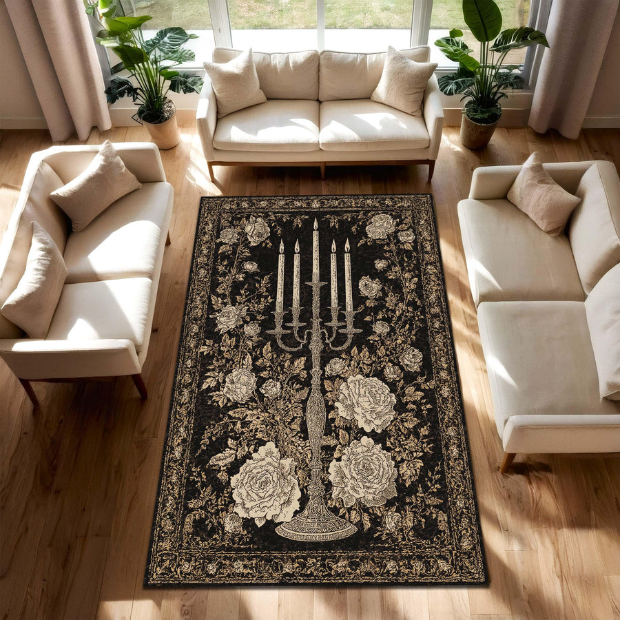 Gothic Floral Area Rug Black Gold Candelabra Vintage Rose Carpet, Dark Elegant Living Room Decor, Baroque Antique Style Floor Mat Rug