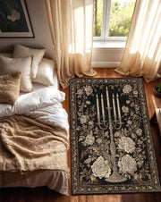 Gothic Floral Area Rug Black Gold Candelabra Vintage Rose Carpet, Dark Elegant Living Room Decor, Baroque Antique Style Floor Mat Rug