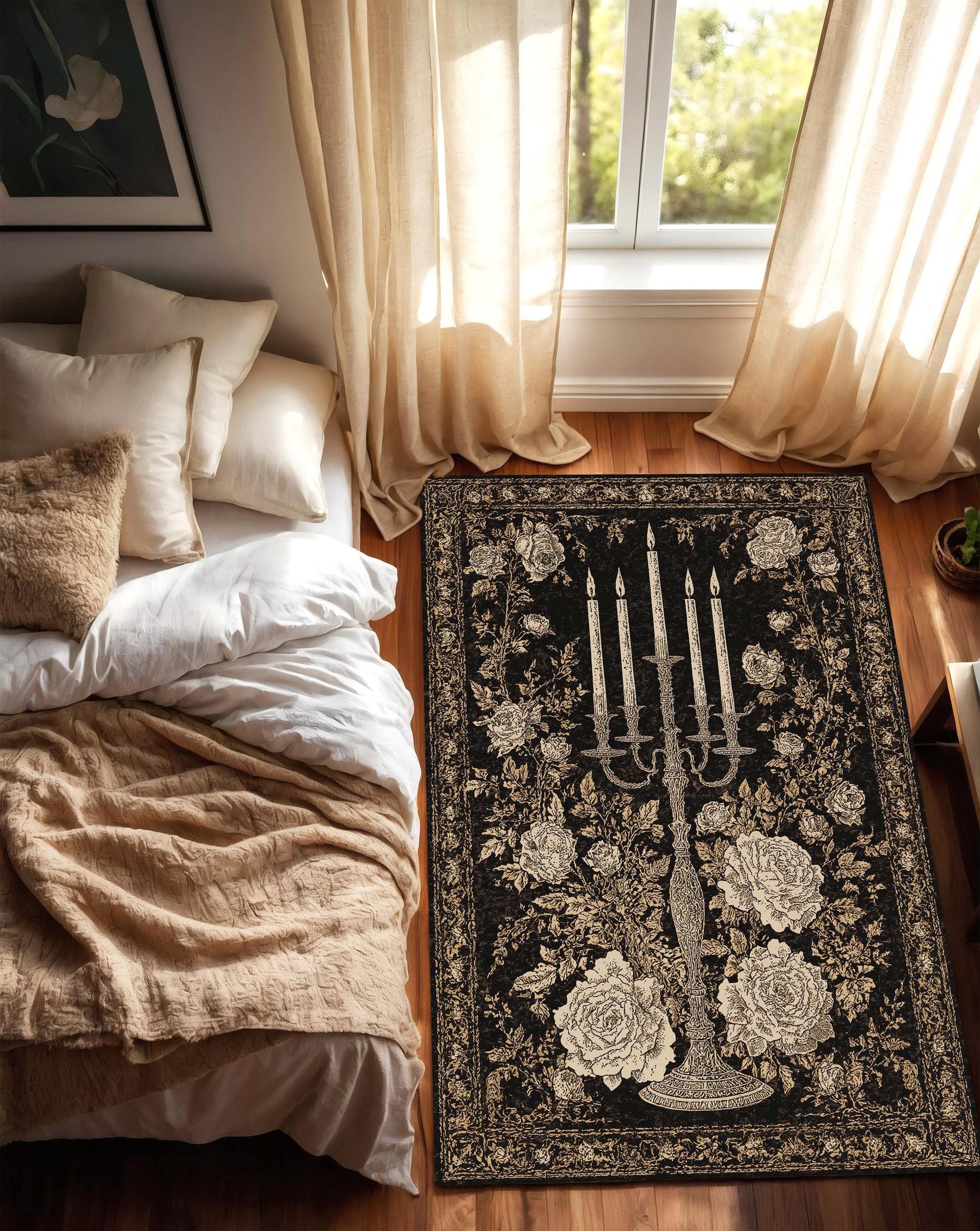 Gothic Floral Area Rug Black Gold Candelabra Vintage Rose Carpet, Dark Elegant Living Room Decor, Baroque Antique Style Floor Mat Rug