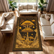Golden Mushroom Art Rug, Psychedelic Celestial Area Carpet, Trippy Boho Living Room Decor, Fantasy Nature Floor Mat Gift For Mystical Home