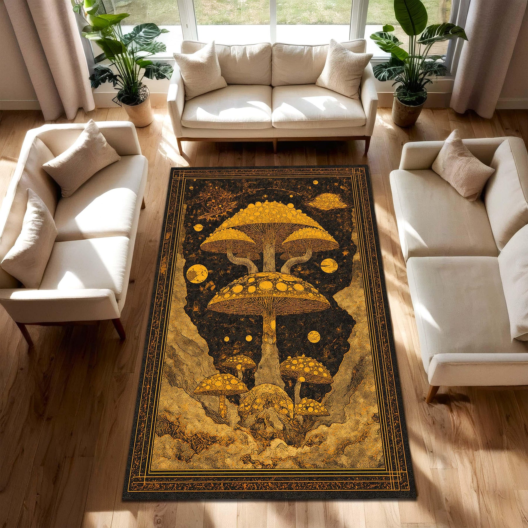 Golden Mushroom Art Rug, Psychedelic Celestial Area Carpet, Trippy Boho Living Room Decor, Fantasy Nature Floor Mat Gift For Mystical Home