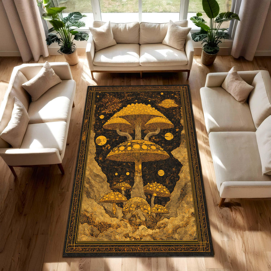 Golden Mushroom Art Rug, Psychedelic Celestial Area Carpet, Trippy Boho Living Room Decor, Fantasy Nature Floor Mat Gift For Mystical Home