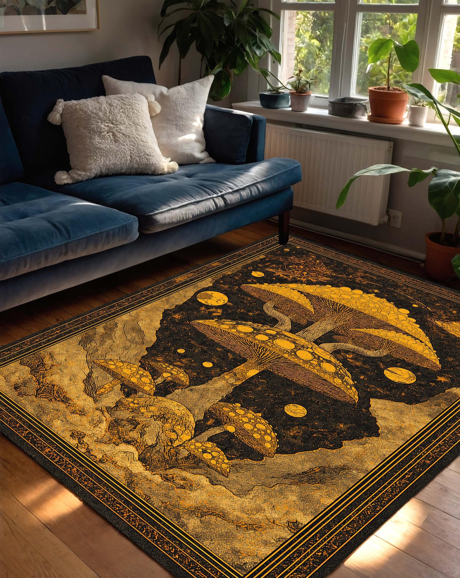 Golden Mushroom Art Rug, Psychedelic Celestial Area Carpet, Trippy Boho Living Room Decor, Fantasy Nature Floor Mat Gift For Mystical Home