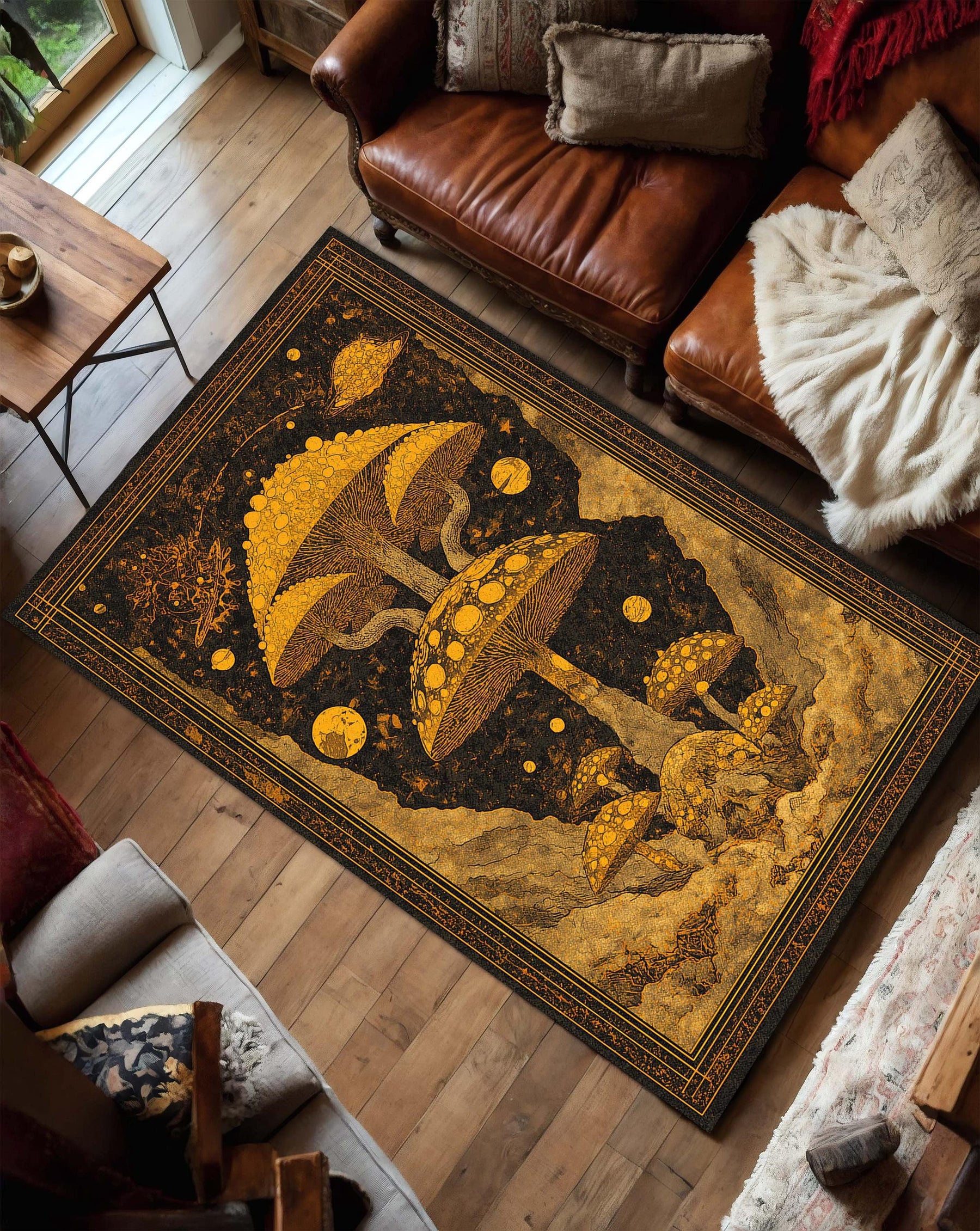 Golden Mushroom Art Rug, Psychedelic Celestial Area Carpet, Trippy Boho Living Room Decor, Fantasy Nature Floor Mat Gift For Mystical Home