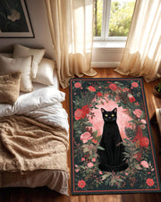 Black Cat Floral Area Rug, Witchy Gothic Living Room Carpet, Vintage Rose Botanical Floor Decor, Cat Lover Gift, Custom Size Mat & More