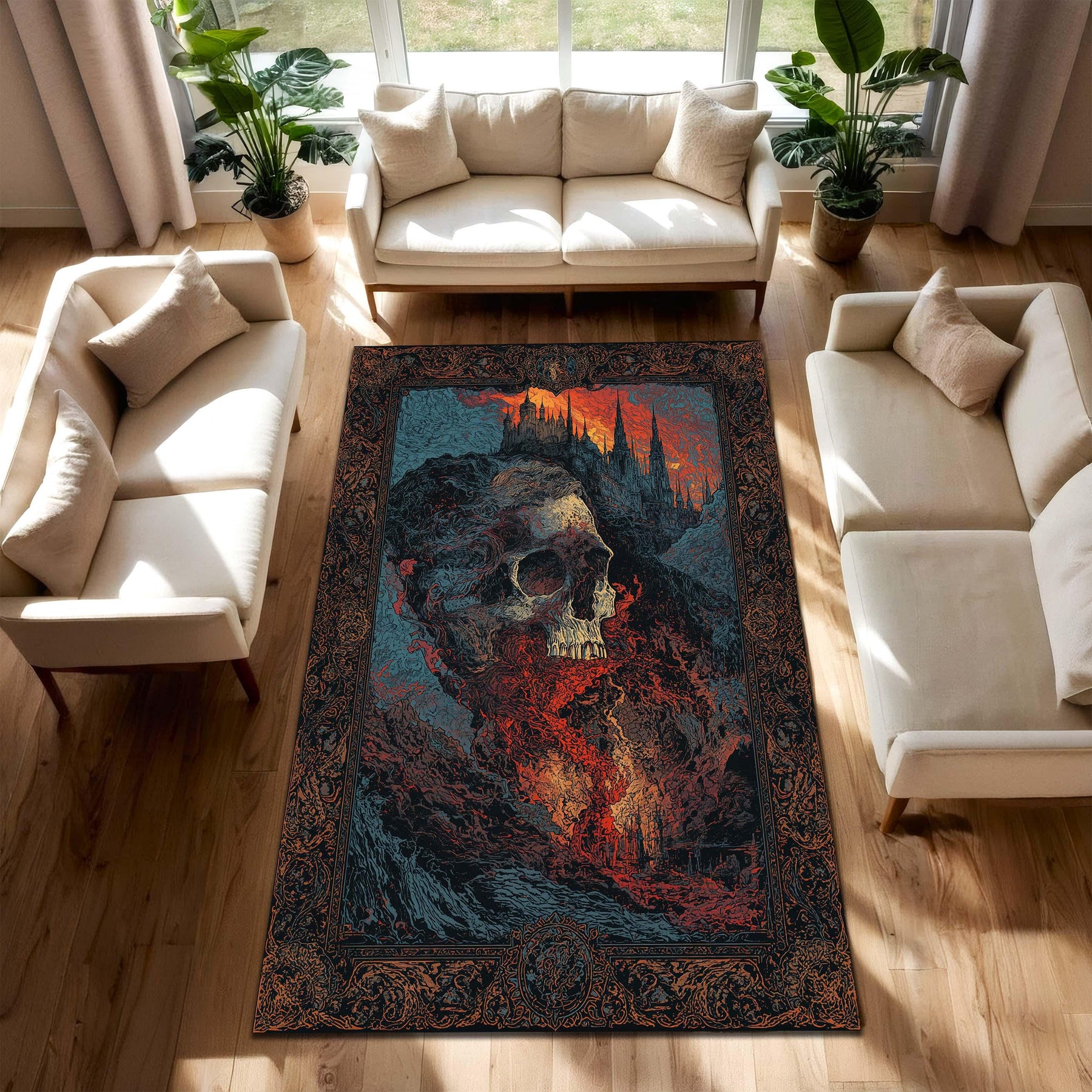 Gothic Skull Castle Area Rug Dark Fantasy Living Room Carpet Horror Decor Spooky Art Floor Mat Halloween Gift for Metal Fans and Goth Decor