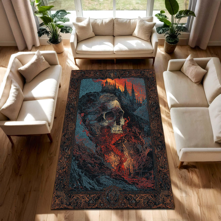 Gothic Skull Castle Area Rug Dark Fantasy Living Room Carpet Horror Decor Spooky Art Floor Mat Halloween Gift for Metal Fans and Goth Decor