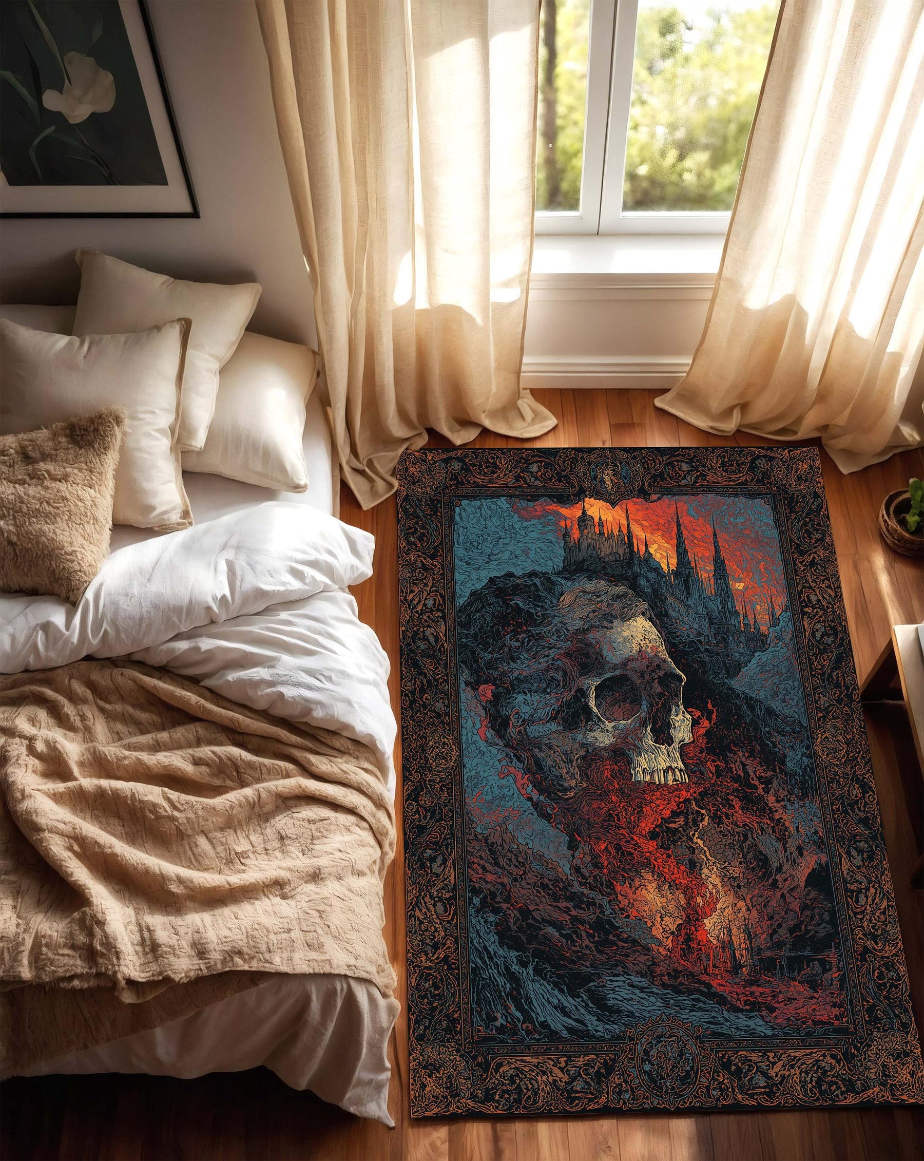 Gothic Skull Castle Area Rug Dark Fantasy Living Room Carpet Horror Decor Spooky Art Floor Mat Halloween Gift for Metal Fans and Goth Decor