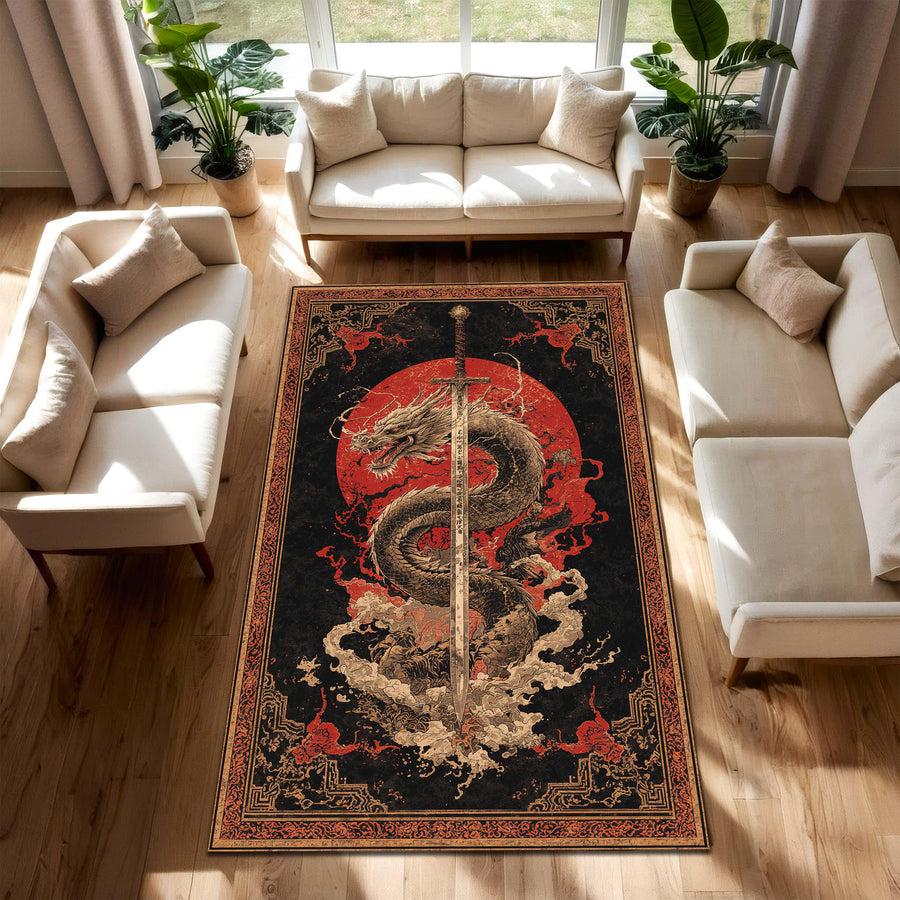 Epic Dragon Sword Area Rug, Japanese Red Sun Carpet, Fantasy Oriental Living Room Decor, Gamer Bedroom Floor Mat Gift for Him or Anime Fans