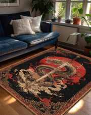 Epic Dragon Sword Area Rug, Japanese Red Sun Carpet, Fantasy Oriental Living Room Decor, Gamer Bedroom Floor Mat Gift for Him or Anime Fans