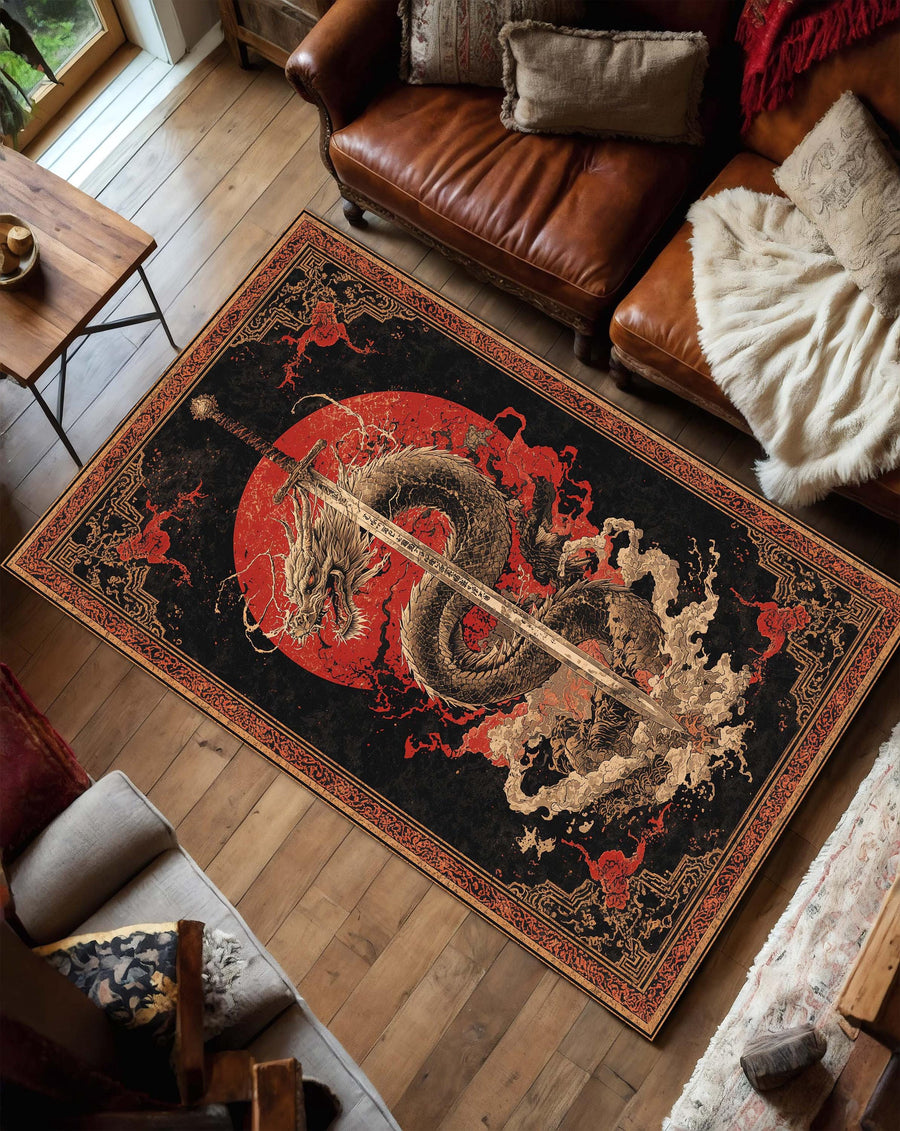 Epic Dragon Sword Area Rug, Japanese Red Sun Carpet, Fantasy Oriental Living Room Decor, Gamer Bedroom Floor Mat Gift for Him or Anime Fans
