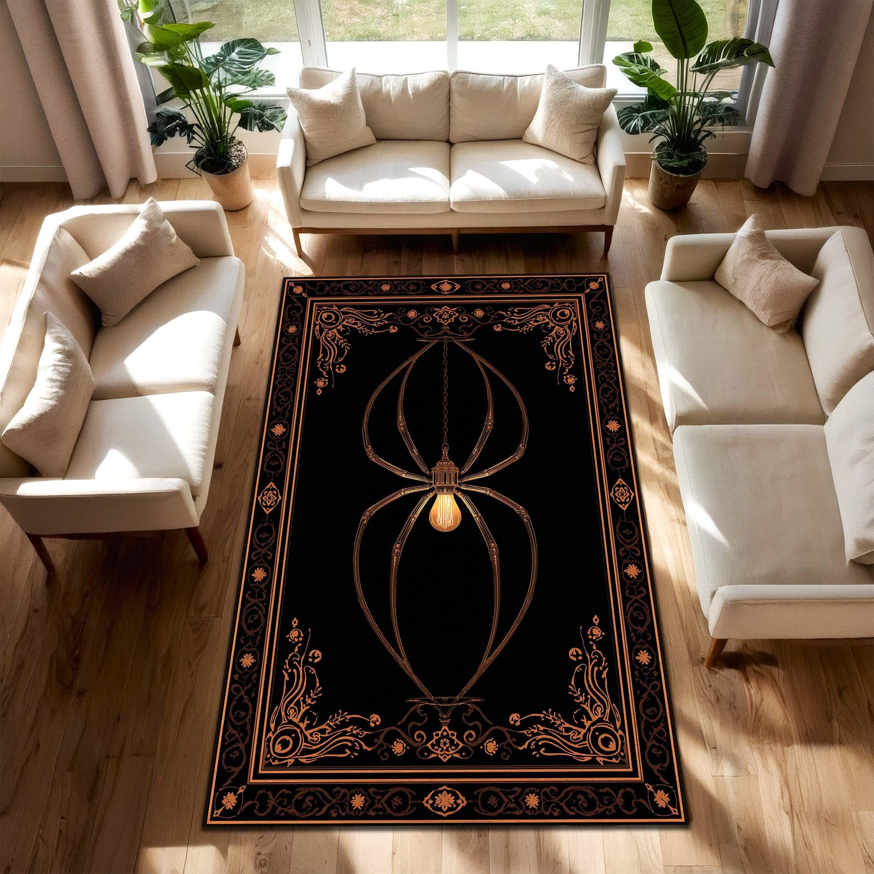 Gothic Spider Chandelier Area Rug, Black Vintage Victorian Occult Carpet, Dark Aesthetic Living Room Bedroom Halloween Decor Rug