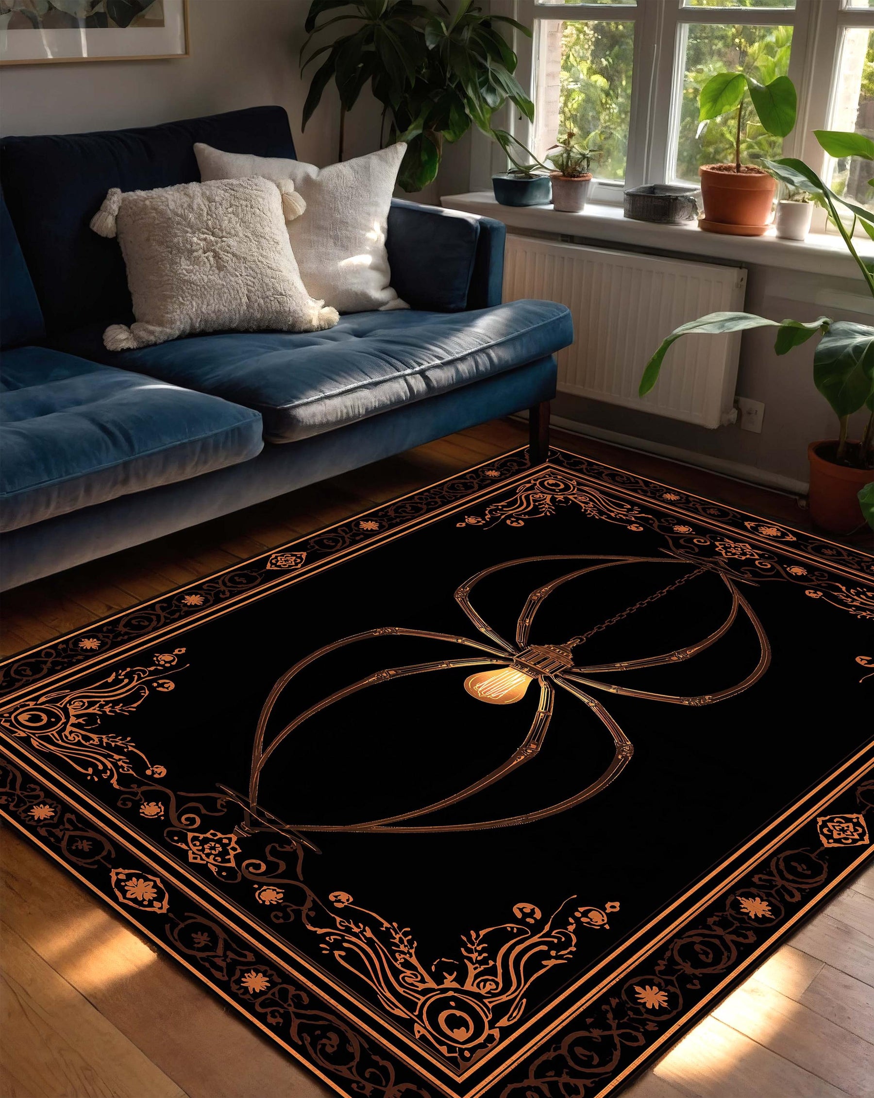 Gothic Spider Chandelier Area Rug, Black Vintage Victorian Occult Carpet, Dark Aesthetic Living Room Bedroom Halloween Decor Rug