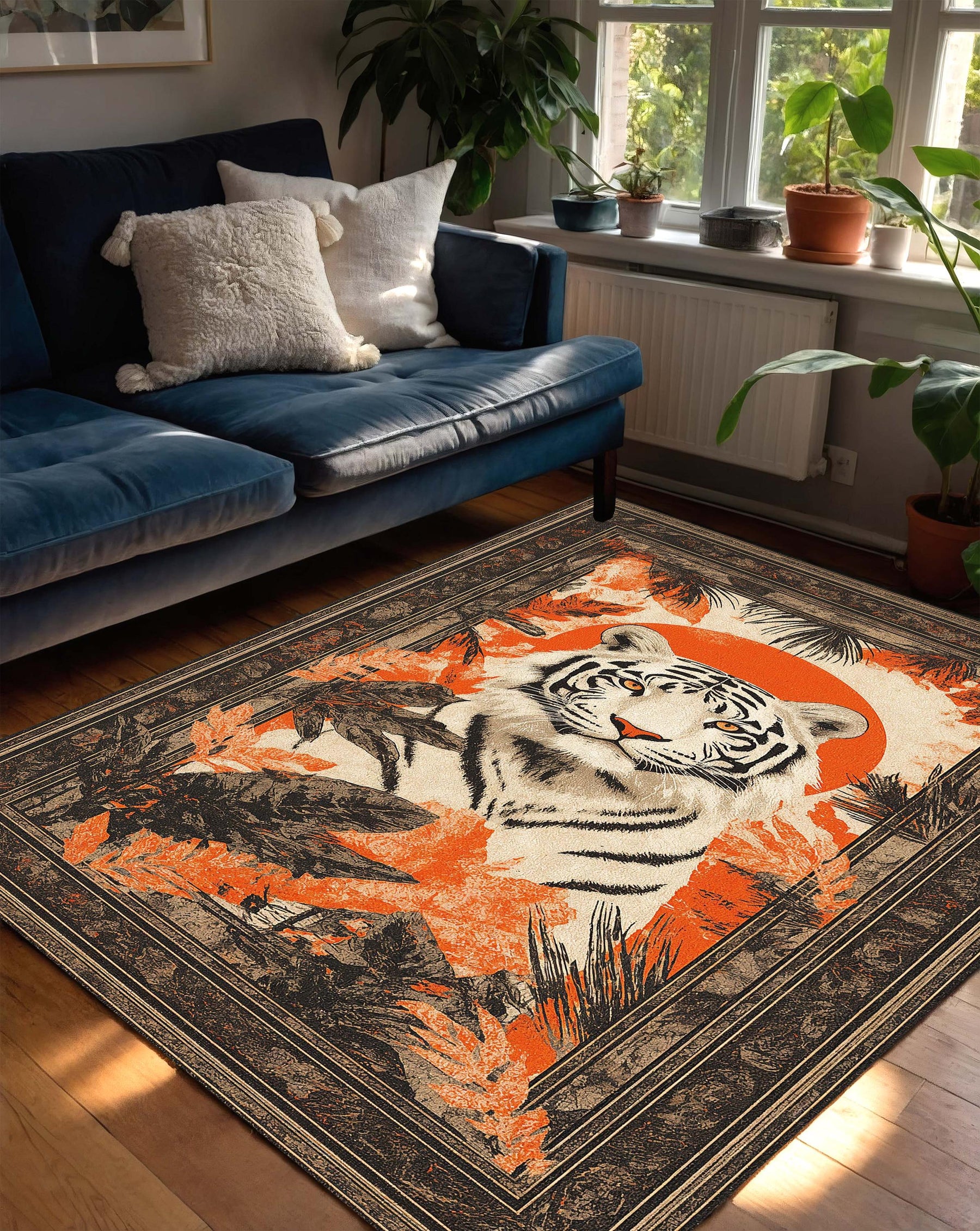 White Tiger Area Rug, Jungle Wildlife Living Room Carpet, Orange Black Nature Floor Mat, Boho Exotic Bedroom Accent Decor Gift Idea