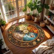 Wheel of Seasons Round Rug – Vintage Floral Mandala Area Carpet, Art Nouveau Seasonal Decor for Living Room, Boho Botanical Floor Art