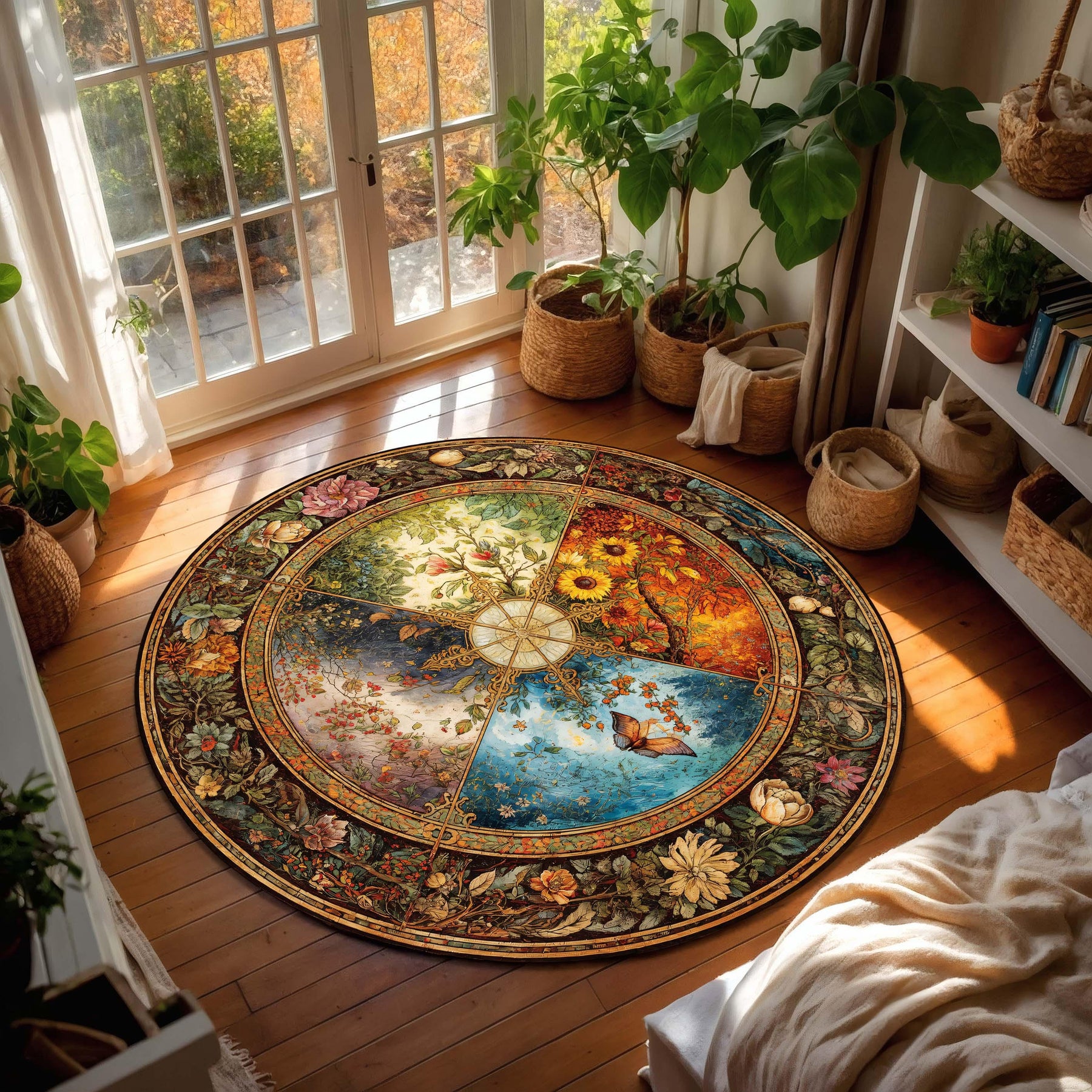 Wheel of Seasons Round Rug – Vintage Floral Mandala Area Carpet, Art Nouveau Seasonal Decor for Living Room, Boho Botanical Floor Art