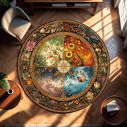 Wheel of Seasons Round Rug – Vintage Floral Mandala Area Carpet, Art Nouveau Seasonal Decor for Living Room, Boho Botanical Floor Art